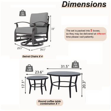 Gotland 6 Piece Patio Set, Aluminum Outdoor Swivel Chairs Set with Round Table 5.1’’ High-Resilience Seat Cushions 29.5" Deep Seating, Metal Patio Furniture Set Patio Conversation Sets