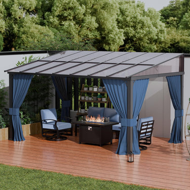 ALAULM 10'x 14' Outdoor Hardtop Gazebo,Wall Mounted Lean to Gazebo with Curtains and Netting,Galvanized Metal Frame,Sunshade for Patio, Backyard, Deck and Lawns (Dark Blue)