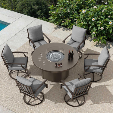 ALAULM 7PCS Metal Outdoor Patio Furniture Set with 48"/55000 BTU Round Fire Pit Table,Outdoor Dining Table Set 6 Swivel Chairs No-Slip Cushions