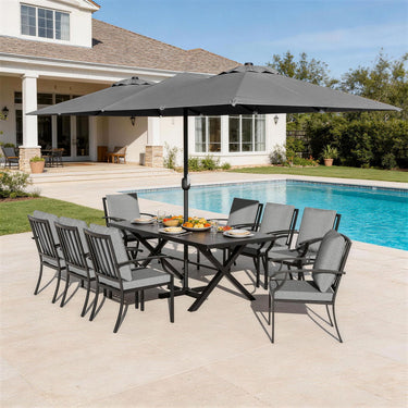 Gotland 10PCS Patio Conversation Set, Metal Outdoor Furniture Set Includes 13.6FT Umbrella, Hole Cut-Out 78.7" x 35.4" Table and 8 Metal Stackable chairs for Backyard Garden