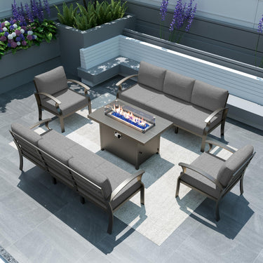 Gotland 8 Seats Outdoor Metal Patio Furniture Set with 55,000 BTU Gas Fire Pit Table w/Glass Wind Guard Patio Conversation Sectional Sofa Sets