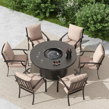 ALAULM 7PCS Metal Outdoor Patio Furniture Set with 48"/55000 BTU Round Propane Fire Pit Table,Patio Conversation Sets 6 Fixed Chairs No-Slip Cushions