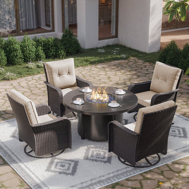 ALAULM 7 Pieces Outdoor Patio Furniture Set with 40000 BTU Round Fire Pit Table, Outdoor Swivel Glider Chair with Side Table, Patio Conversation Sets for Porch Deck Backyard