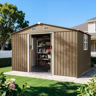 8'x6' Outdoor Metal Storage Shed with Floor for Garden & Tool Storage ,Weather-Resistant Design, Air Vent & Window, Brown