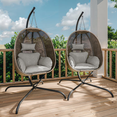 Gotland 2 Pieces Outdoor Hanging Egg Chair with Stand,Patio Wicker Swing Egg Chair Hammock Chair with UV Resistant Cushion,All-Weather 485lbs Capacity for Bedroom,Balcony,Garden